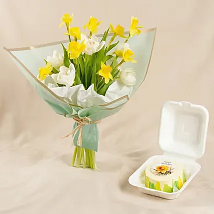 Daffodils N Tulips Birthday Flower Bouquet with Cake: 