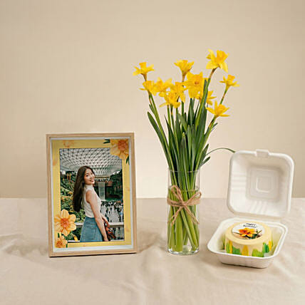 Daffodil Flowers Vase & Cake with Personalised Frame: Customised Photo Frames