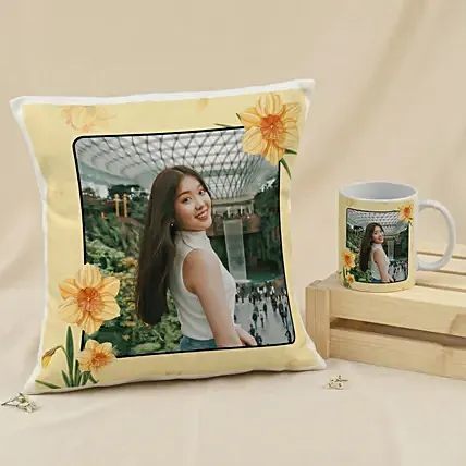 Daffodils Themed Personalised Mug and Cushion: Personalised Combo Gifts