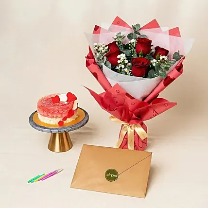 Red Roses N Chocolate Cake Surprise Combo: Flowers And Cake For Anniversary