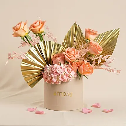 Elegant Peach Rose & Golden Palm Floral Box: Mixed Flowers