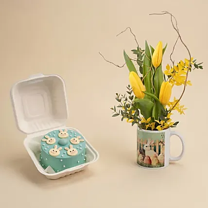 Easter Wishes Bento Cake and Tulips Mug: Easter Gifts