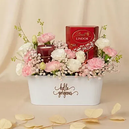 Charming Pink Basket with Flowers, Lindt Chocolates & Candle: Flowers and Chocolates