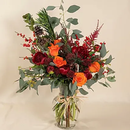 Orange Roses And Red Peonies Vase Arrangement: Fresh Flowers 