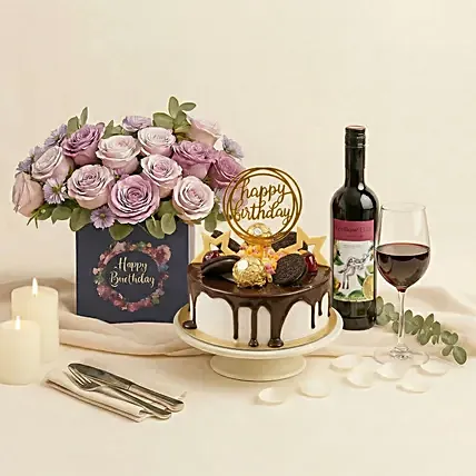 Birthday Gift Set - Roses Cake & Wine: Gift Delivery Singapore