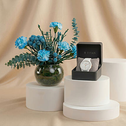 Azure Floral Harmony & Titan Edge Ceramic Watch Set: Blue Flowers