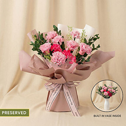 2 in 1 Pink Carnation Bouquet with Hidden Vase: Dried Flower Bouquets Singapore