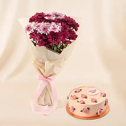 Elegant Dual Chrysanthemum Bouquet and Cake For Her: 