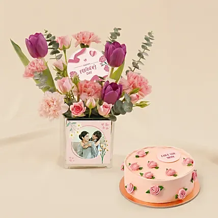 Mothers Day Personalised flower vase with Cake: Mother's Day Cakes
