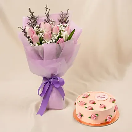 Elegant Tulips Bouquet with Cake for Mom: Mother's Day Cakes