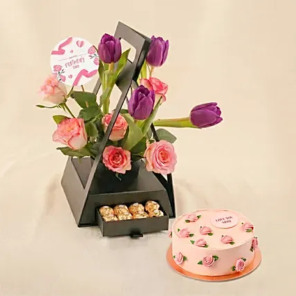Premium Purple Tulip & Rose Hut Box with Chocolates & Cake: Mother's Day Cakes