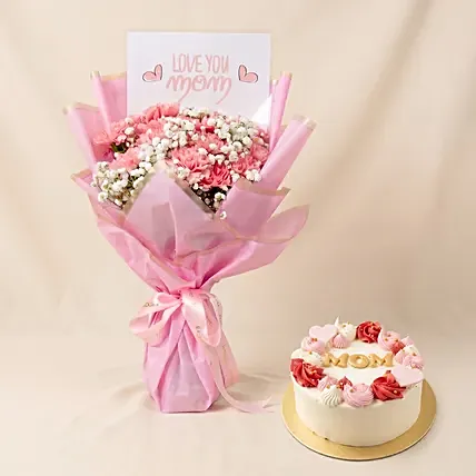 Mothers Love Pink Carnations Bouquet & Cake Combos: Mother's Day Cakes