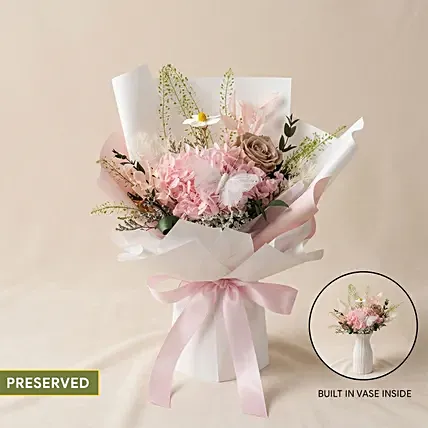 2 in 1 Pink Hydrangea & Rose Bouquet with Hidden Vase: Dried Flower Bouquets Singapore