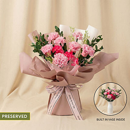 2 in 1 Pink Carnation Bouquet with Hidden Vase: Dried Flower Bouquets Singapore