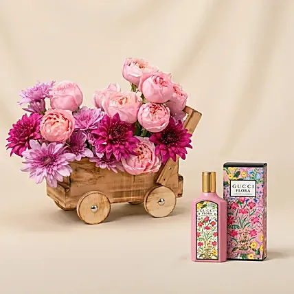 Flowers Cart with Gucci Flora Perfume: Birthday Gifts
