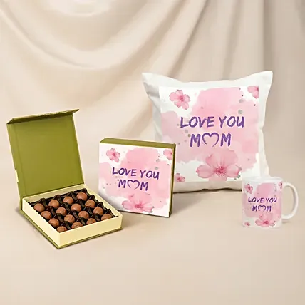 Love You Mom Chocolates Cushion, Mug & Chocolates: 