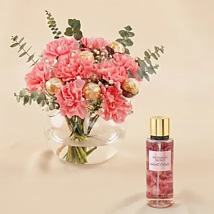 Pink Carnation chocolate Vase Arrangement with Perfume: 