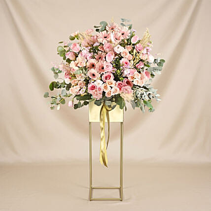 Blooming Pink Flowers Tripod Stand: Grand Opening Flowers