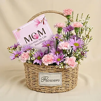 Mother&rsquo;s Love Pink & Purple Floral Basket with Chocolates: Mother's Day Flowers