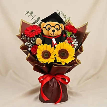 Graduation Bouquet with Teddy & Blooms: Flowers & Teddy Bear