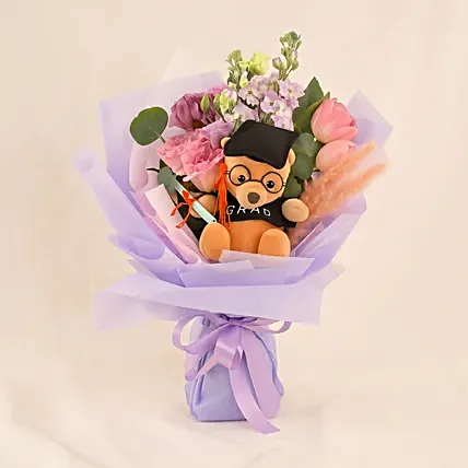 Graduation Gift &ndash; Teddy Bear with Fresh Flowers Bouquet: Flowers with Teddy Bear