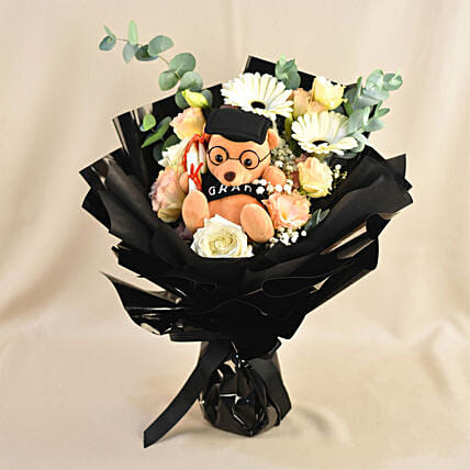 Graduation Hand Bouquet &ndash; Elegant Blooms with Plush Teddy: Flowers & Teddy Bear