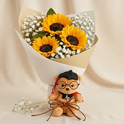 Sunflower Graduation Bouquet with Cute Teddy: Flowers & Teddy Bear