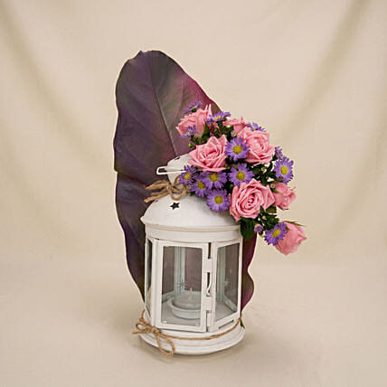 Radiant Floral Lantern & Monstera Arrangement: Mother's Day Flowers