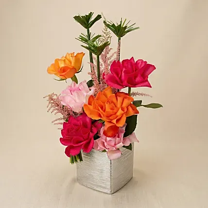 Vibrant Sunset Rose & Silver Ceramic Vase: Thank You flowers