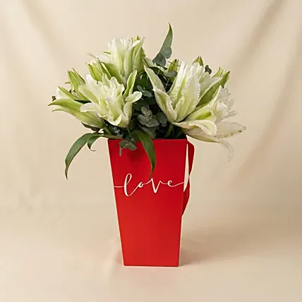 Radiant White Lily & Red Love Box Arrangement: Mother's Day Flowers