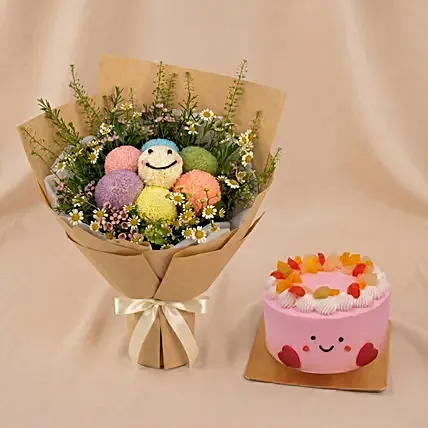 Pastel Smile Bloom Buddies Bouquet and Jellycat Cake: Fresh Fruit Cakes