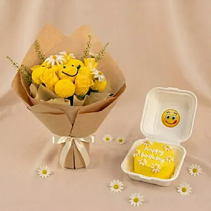 Sunny Smile Bloom Buddies Bouquet and Bento Cake: Hand Bouquets Singapore
