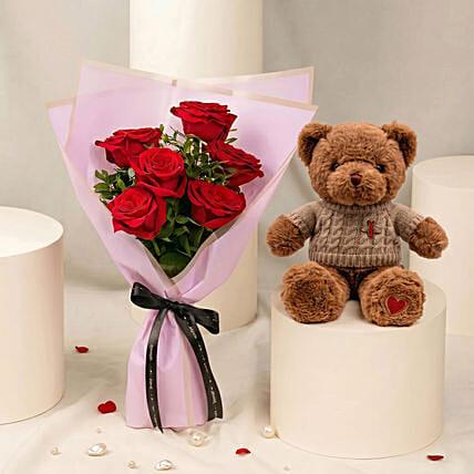 6 Roses and Teddy Combo: Flowers with Teddy Bear