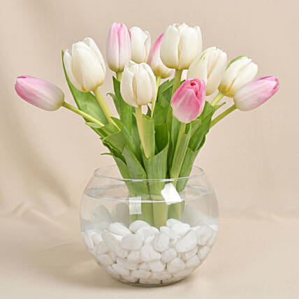 10 Tulips in Fish Bowl: Table Arrangement Flowers