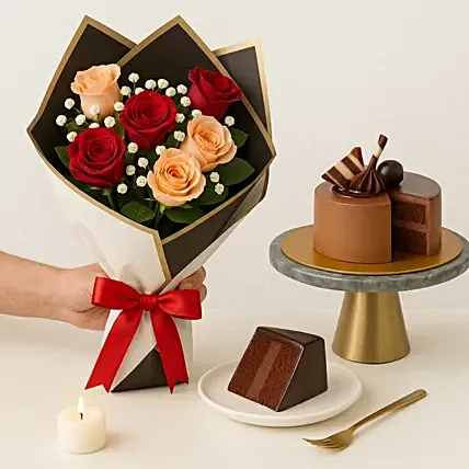Romantic Rose Flowers with Chocolate Cake: Chocolate Cakes 