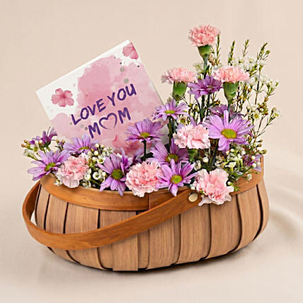 Mother&rsquo;s Love Pink & Purple Floral Basket with Chocolates: Mother's Day Hampers