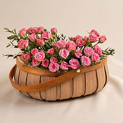 Pink Spray Rose in Small Basket: Breast Cancer Awareness Gifts