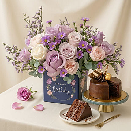 Birthday Roses Arrangement and Chocolate Cake: Cake Delivery Singapore