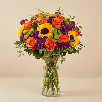 Vibrant Mixed Flowers Glass Vase: Birthday Flower Arrangements