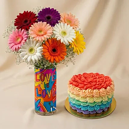 Love Is Love - Colorful Gerbera Vase & Cake: Pride Gifts