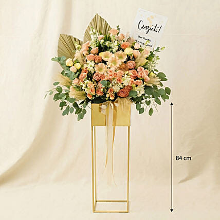 Blissful Mixed Flowers Golden Stand: Best Selling Flowers