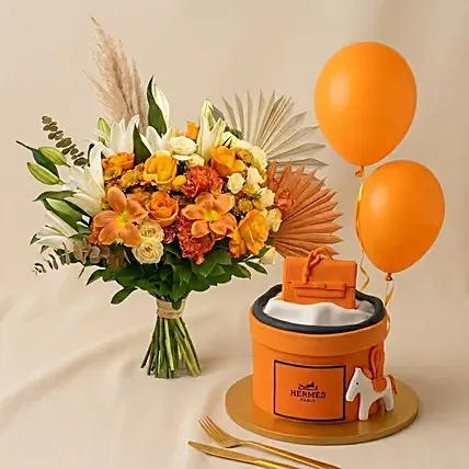 Happiness - Orange Flowers cake & Balloons: Orange Flowers