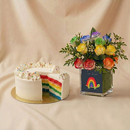 Just Be You - Rainbow Roses & Cake Gift Set: 