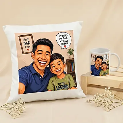 My Hero, My Dad - Comic Style Cushion & Mug Gift Set: Customized Cushions