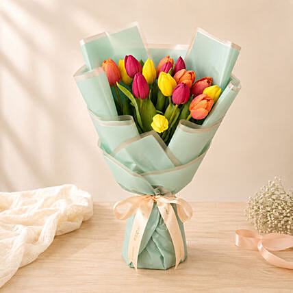 Beautifully Wrapped Mixed Tulips Bouquet: Tulips