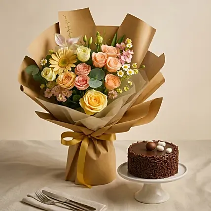 Beloved - Mix Flowers Bouquet & Chocolate Mini Cake: Cake and Flowers 