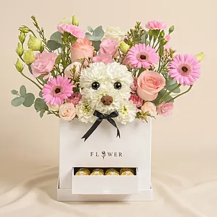 Hugs and Cuddles Flower Box: Flowers With Chocolates