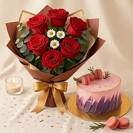 Elegant Red Rose Bouquet with Red Velvet Designer Cake: Flowers and Cake Delivery Singapore