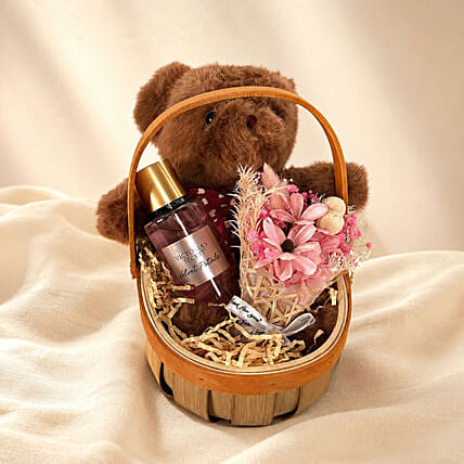 Cuddly Bear with Preserved Bouquet and Victoria Secret Hamper: Anniversary Gifts