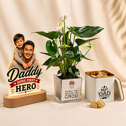Hero Dad LED Lamp, White Anthurium & Dark Chocolate Tin Set: Plant Combo Gifts
